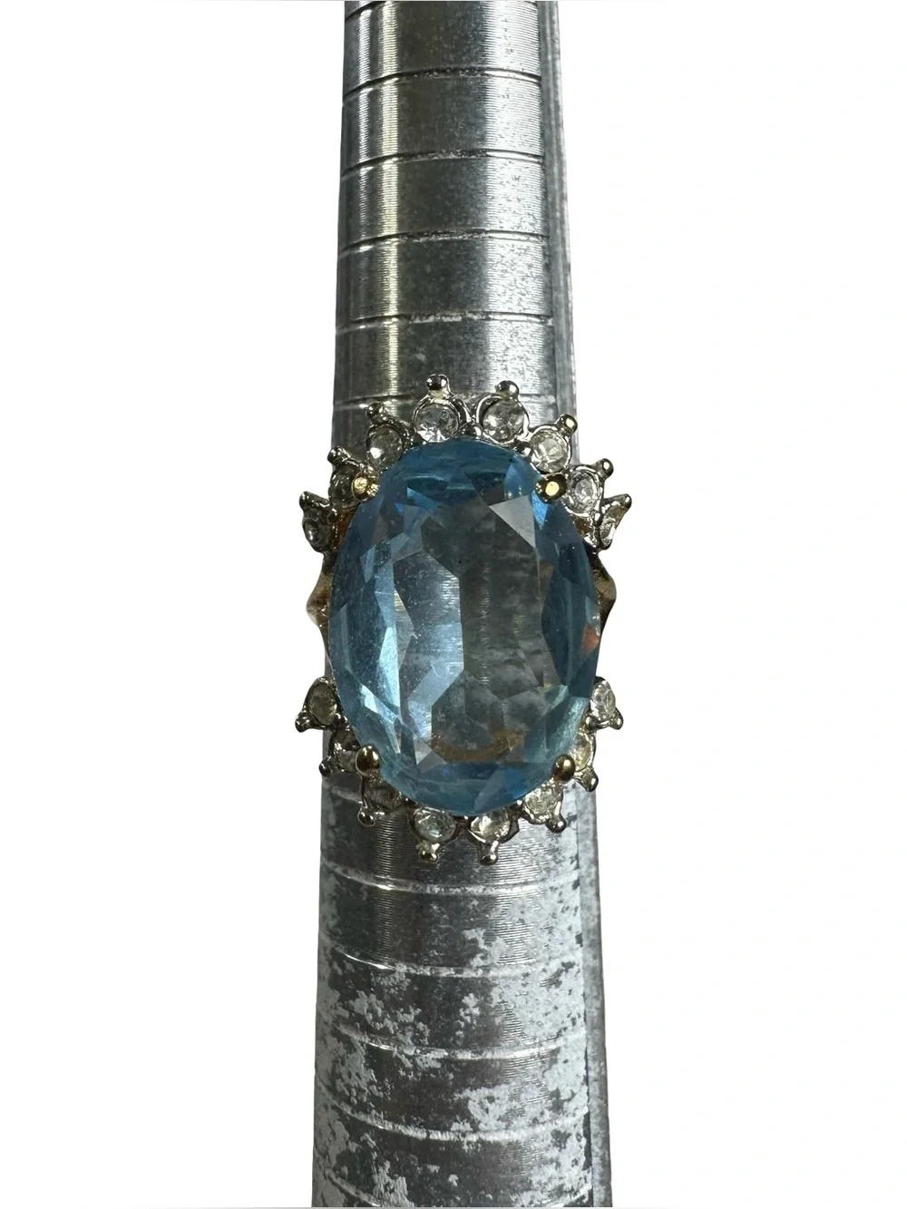Vtg 18K HGE Blue Tourmaline Cocktail Ring Sz 6.5 Heavy Gold Plated Crown Halo